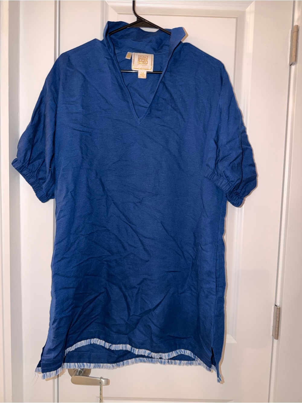 Bright Blue V-Neck Mini Dress with Short Puff Sleeves